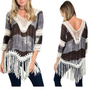 Timeline Cowgirl Tie Dye Crochet Lace Fringed Tunic Top XL boho hippie western
